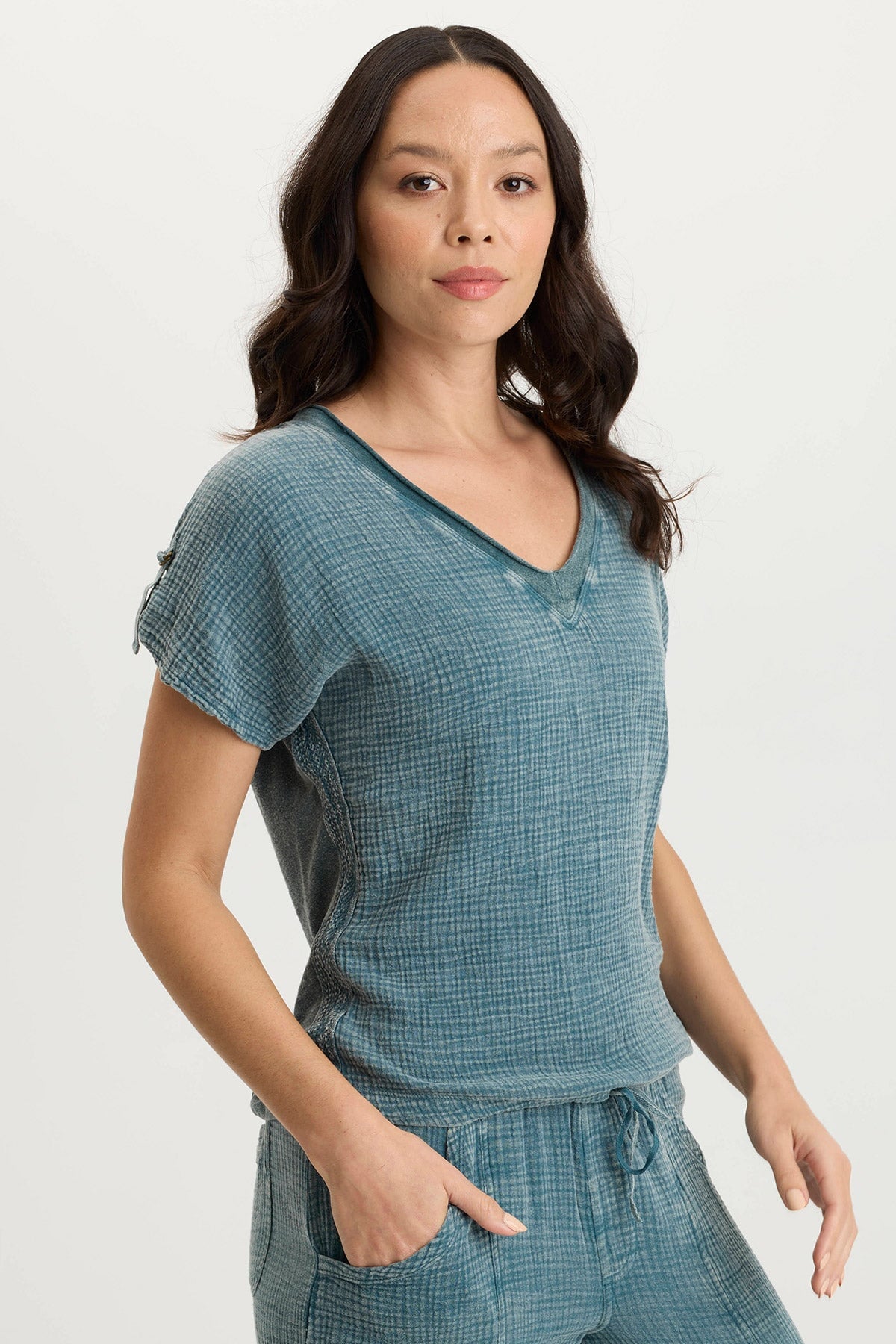 XCVI Bower Gauze/Jersey Tabbed-Sleeve Bubble-Hem V-Neck Tee 