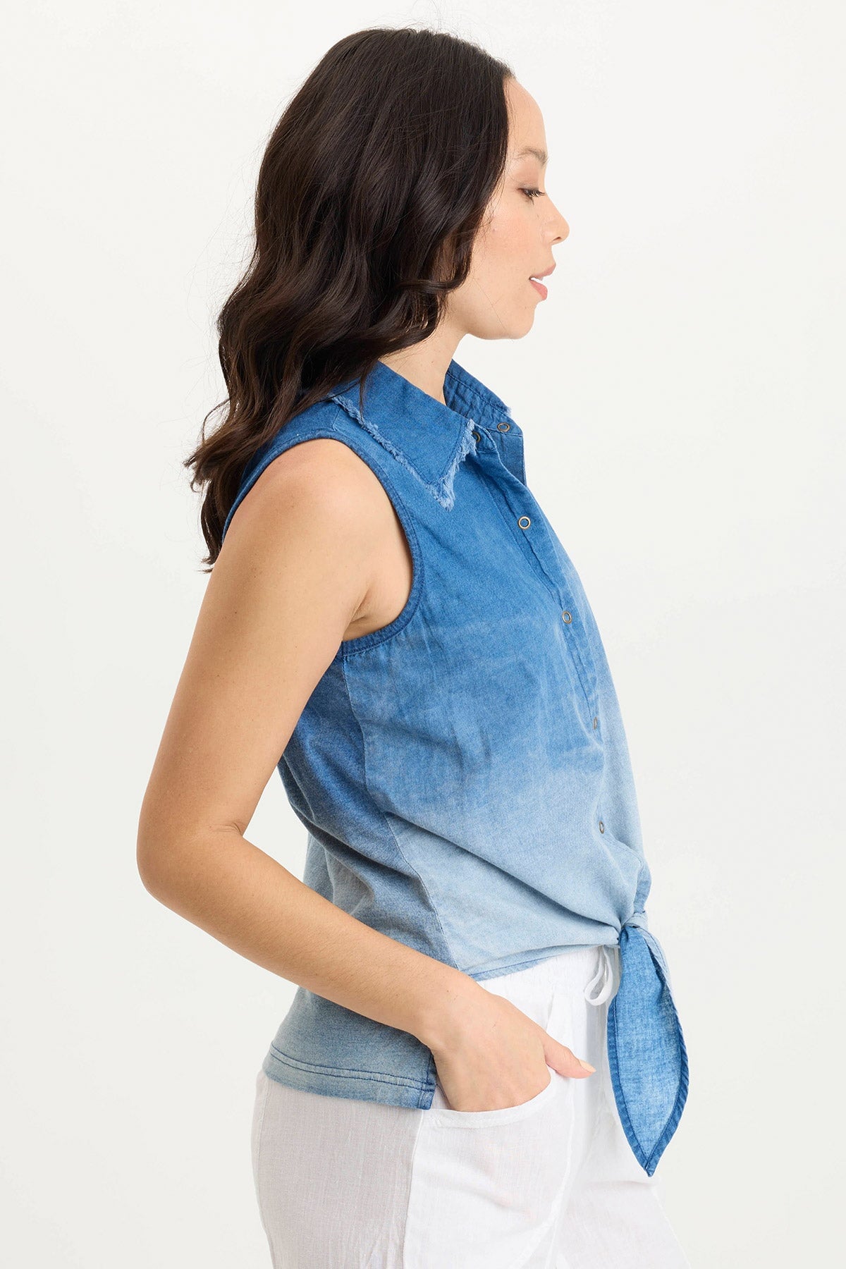 XCVI Tague Indigo Twill Knotted High-Low Snap-Up Tank 