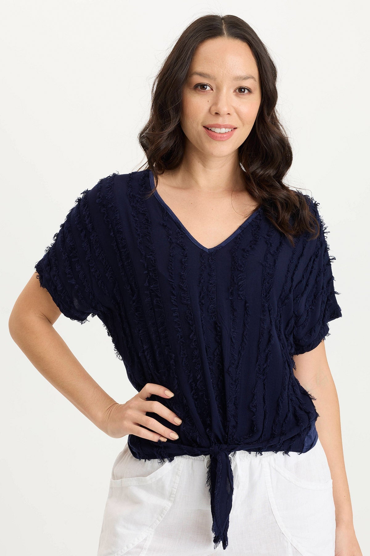 XCVI Curine Stripe Voile/Jersey Knotted V-Neck Top 