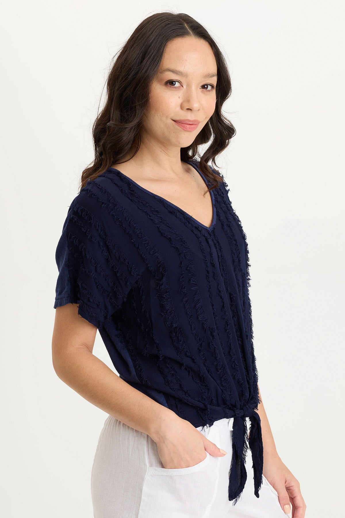 XCVI Curine Stripe Voile/Jersey Knotted V-Neck Top 