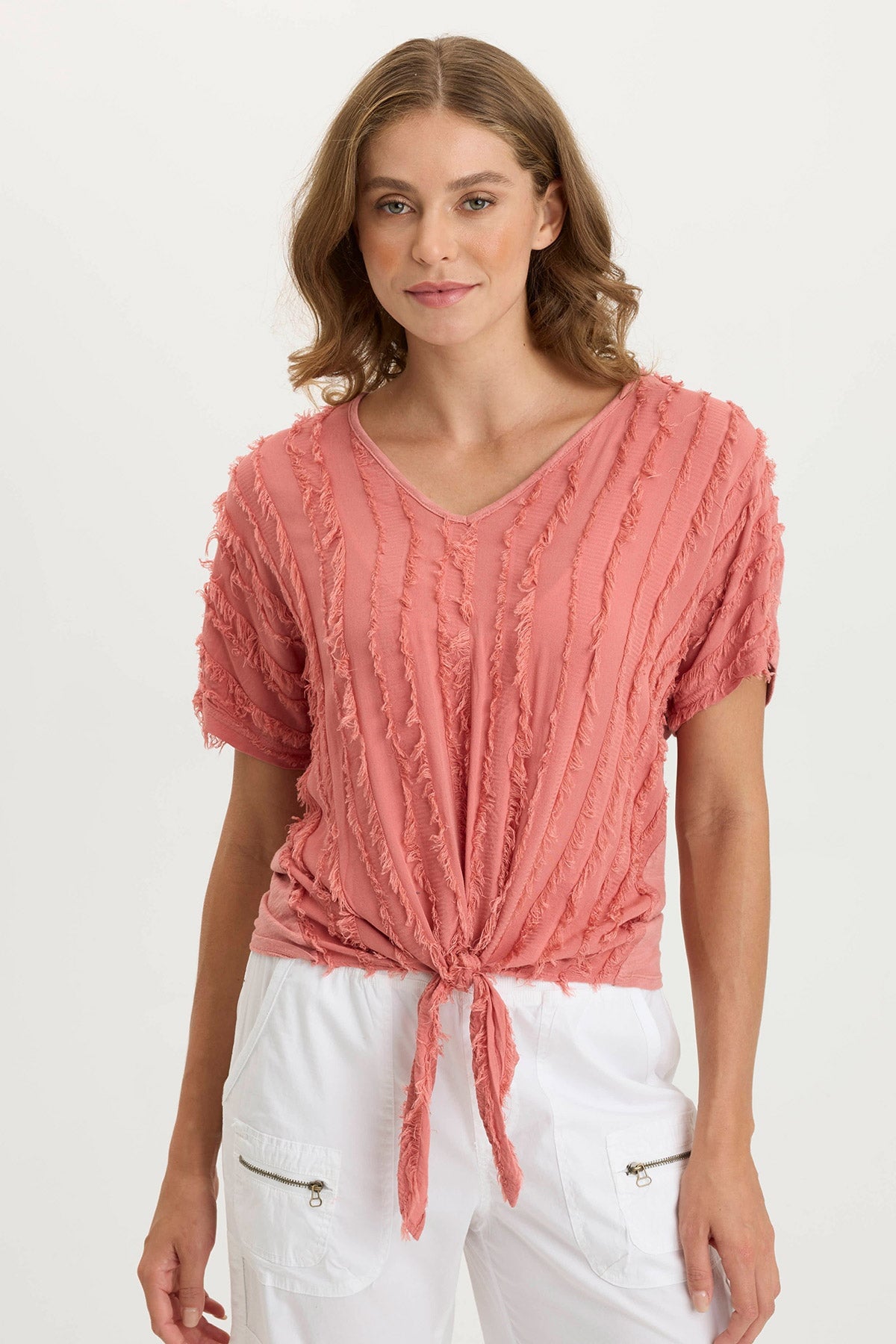 XCVI Curine Stripe Voile/Jersey Knotted V-Neck Top