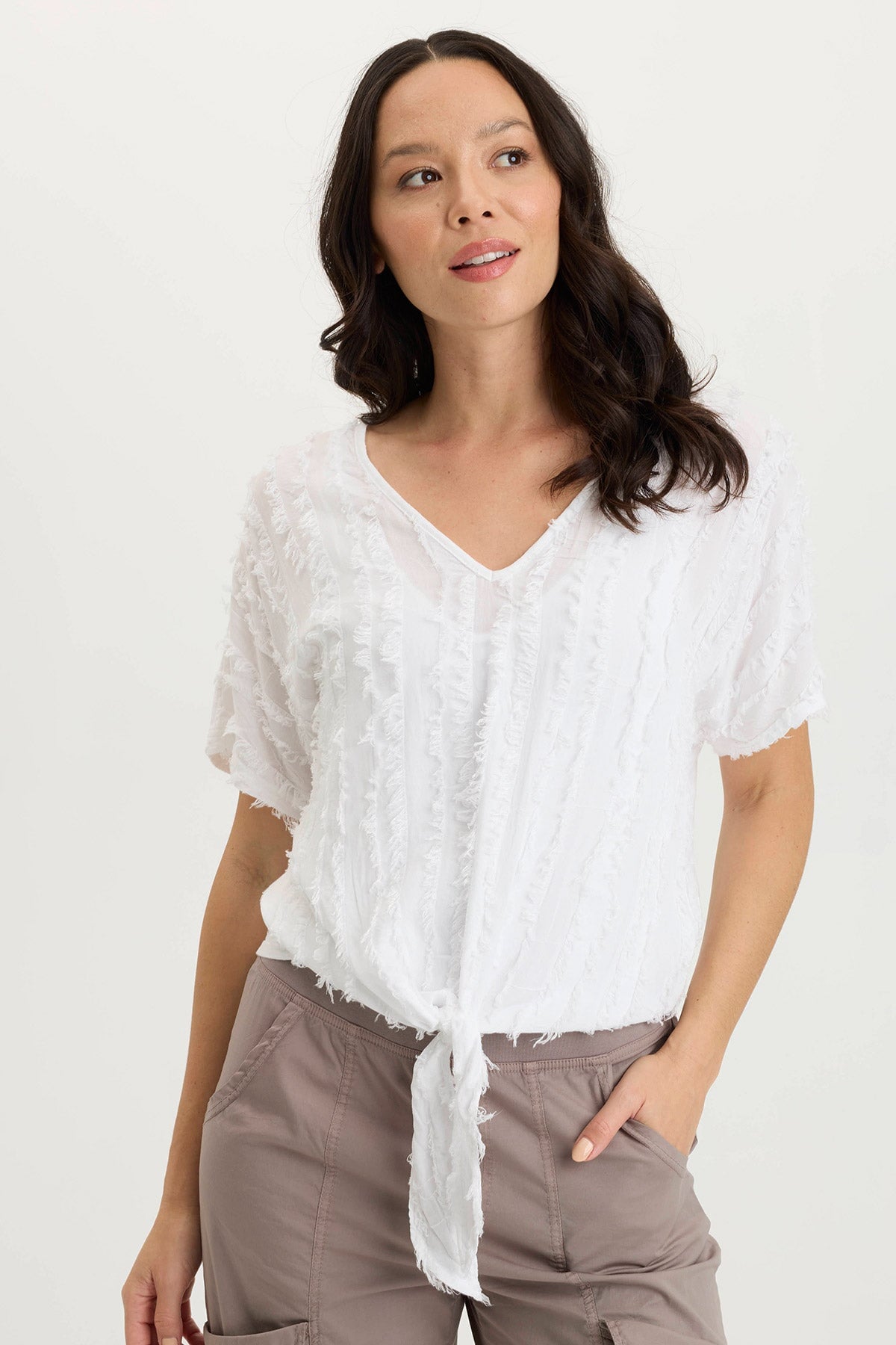 XCVI Curine Stripe Voile/Jersey Knotted V-Neck Top 