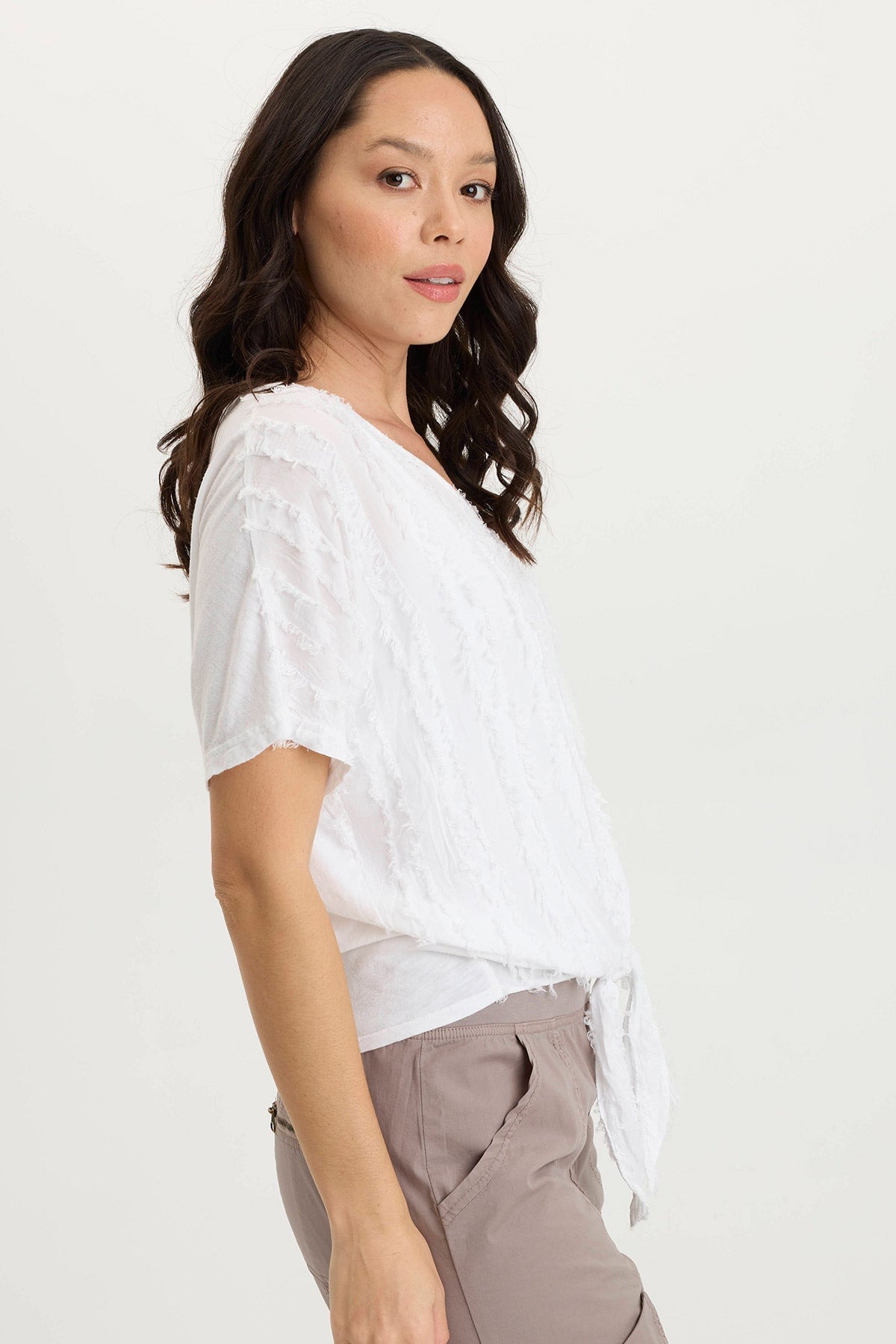XCVI Curine Stripe Voile/Jersey Knotted V-Neck Top 