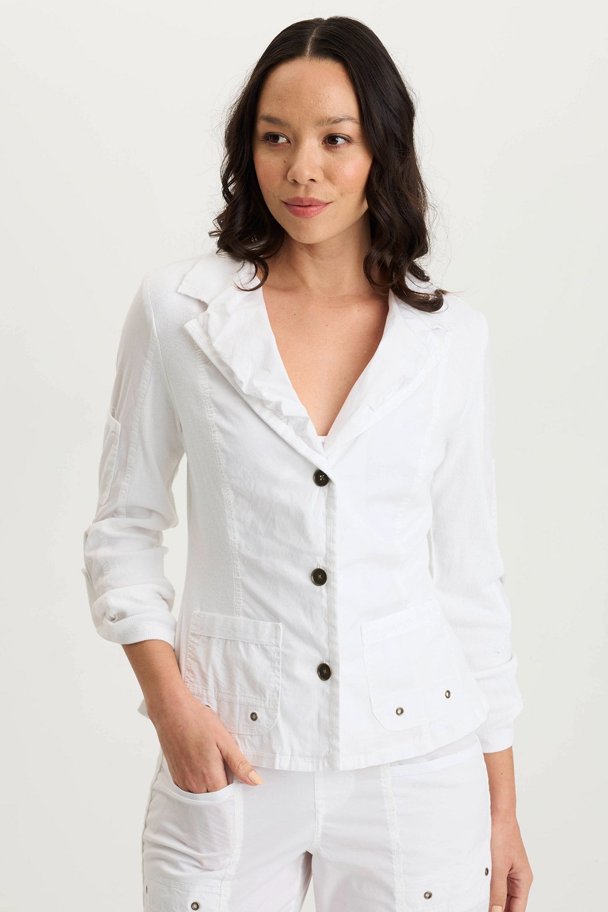 XCVI Darwin Poplin/Ribbed Tabbed 3/4-Sleeve Jacket 