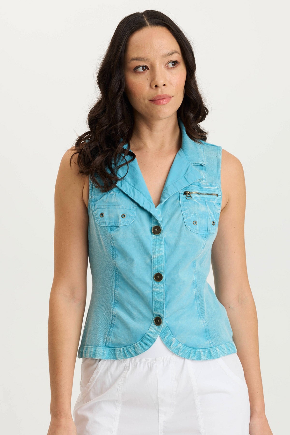 XCVI Shelton Poplin/Ribbed Zipper Pocket Vest