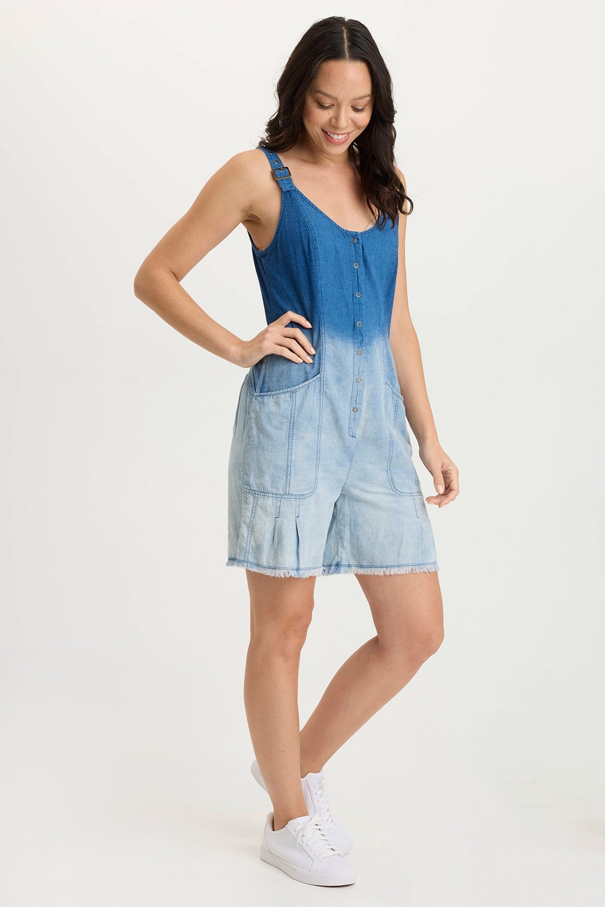 XCVI Sauni Indigo Twill/Jersey Adjustable Romper 